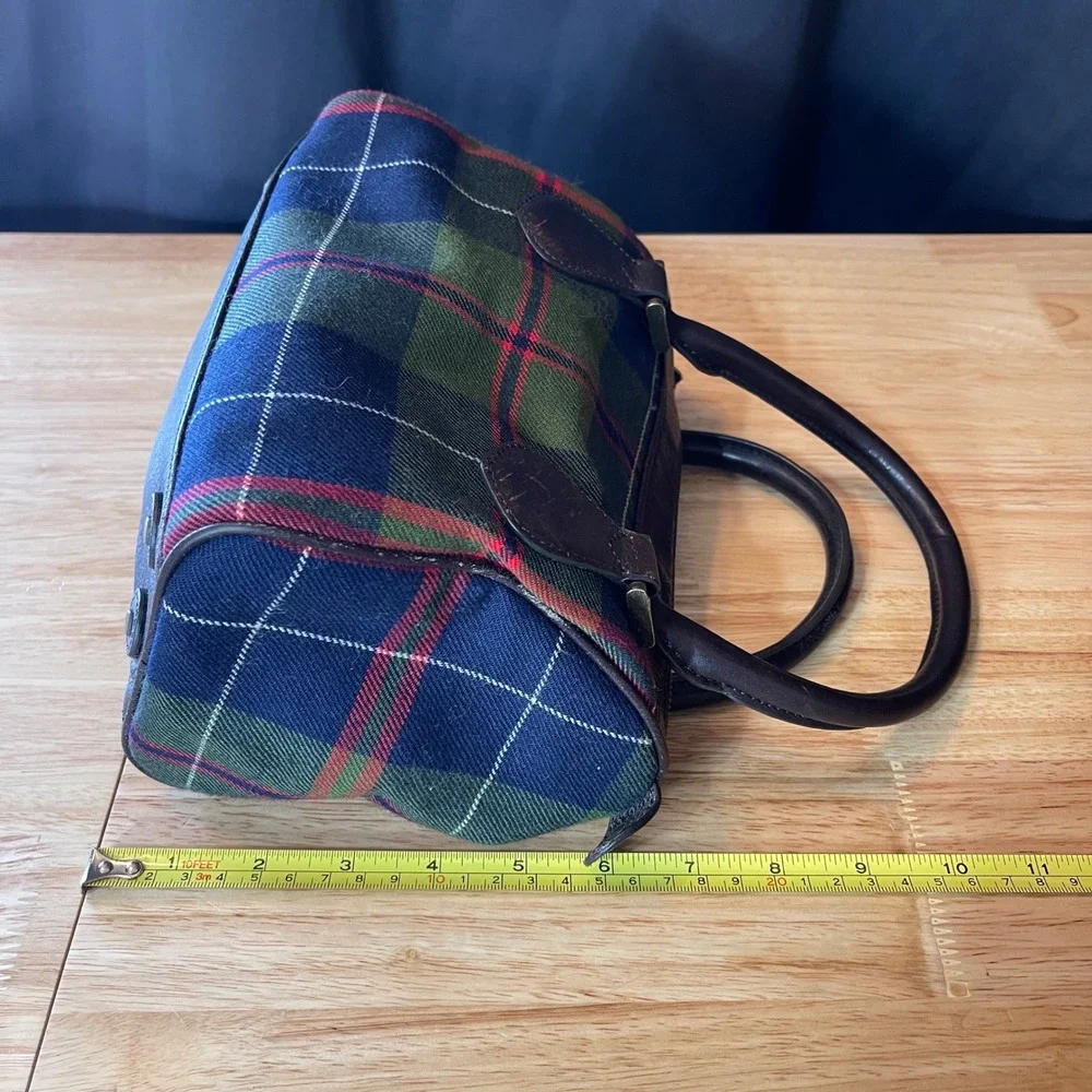 J. Crew Plaid Wool Leather Satchel Bag Green Navy Brown Tartan Doctor Bag